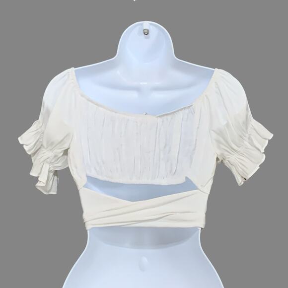 Saints Secrets L Womens White Ruffle Short Sleeve Tie Up Back Crop Top Boho - Picture 3 of 10